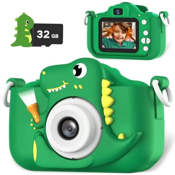 Cámara infantil de dinosaurio para niños, 12 MP, video HD 1080P, batería recargable, tarjeta SD de 32 GB, cordón portátil, juegos educativos, verde, 3-12 años