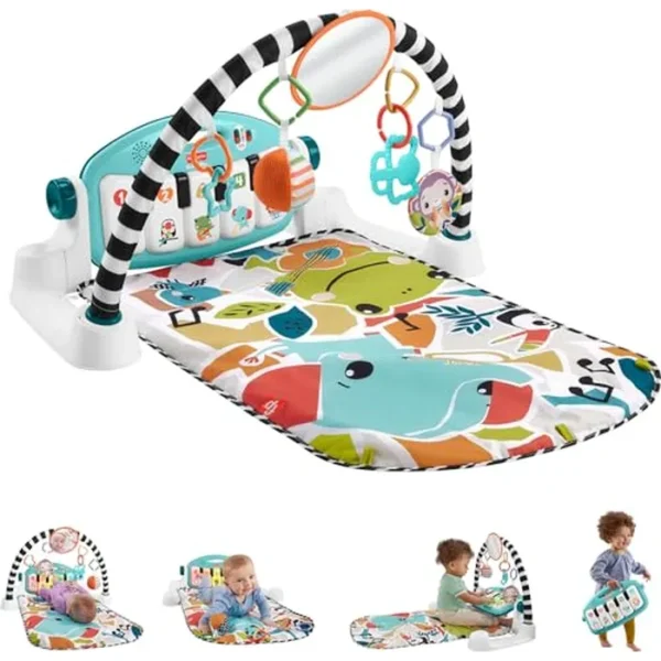 Fisher-Price Alfombra de juego para bebés Glow and Grow Kick & Play Piano Gym, juguete de aprendizaje musical azul con actividades de desarrollo para recién nacidos a partir de 0 meses