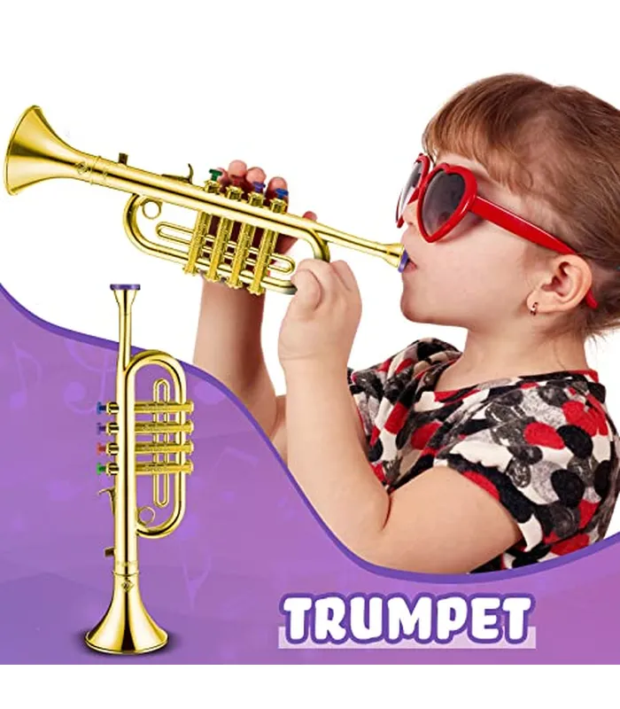 B0CCDRY78Y03 Lewtemi Juego de 2 instrumentos musicales que incluyen trompeta de juguete y saxofón, trompeta de plástico, juguete educativo, regalo de música en casa, escuela, teclas de color (dorado)