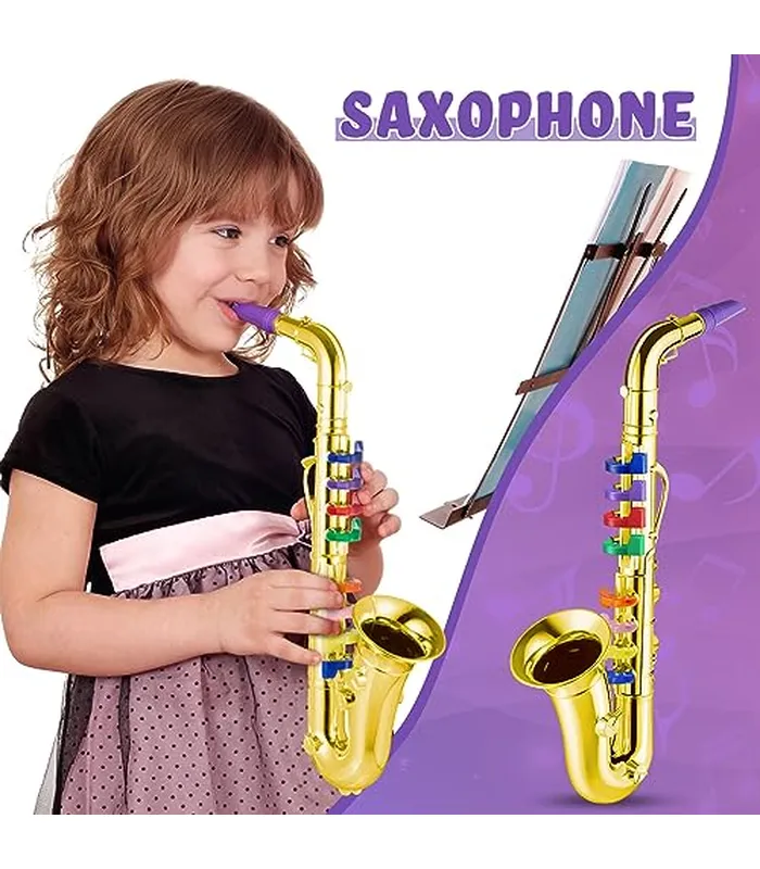 B0CCDRY78Y04 Lewtemi Juego de 2 instrumentos musicales que incluyen trompeta de juguete y saxofón, trompeta de plástico, juguete educativo, regalo de música en casa, escuela, teclas de color (dorado)