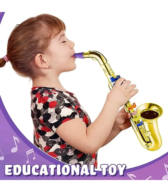 B0CCDRY78Y05 Lewtemi Juego de 2 instrumentos musicales que incluyen trompeta de juguete y saxofón, trompeta de plástico, juguete educativo, regalo de música en casa, escuela, teclas de color (dorado)