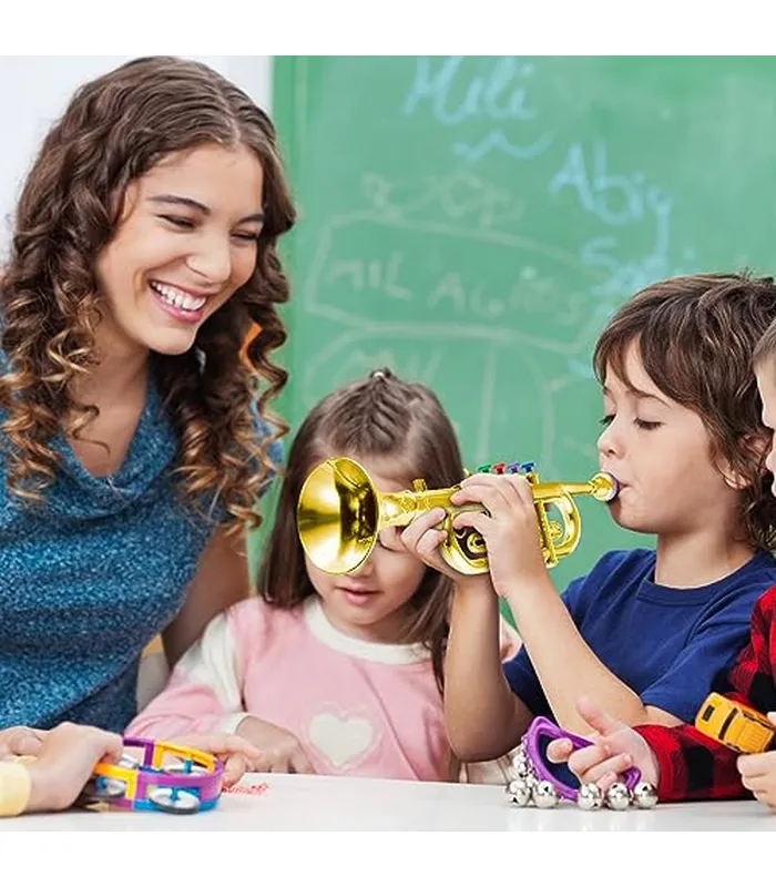 B0CCDRY78Y06 Lewtemi Juego de 2 instrumentos musicales que incluyen trompeta de juguete y saxofón, trompeta de plástico, juguete educativo, regalo de música en casa, escuela, teclas de color (dorado)