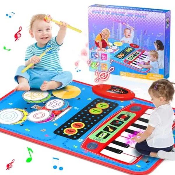 Juguetes musicales 2 en 1 para niños de 1, 2, 3, 4, 5 años, teclado de piano y batería con 2 baquetas, juguetes educativos de aprendizaje musical temprano, cumpleaños para niños y niñas de 1, 2, 3, 4,