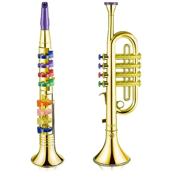 Amylove Juego de 2 instrumentos musicales que incluyen clarinete de juguete y trompeta, plástico, portátil, 8 teclas de colores, juguetes educativos tempranos para regalos musicales (dorado)