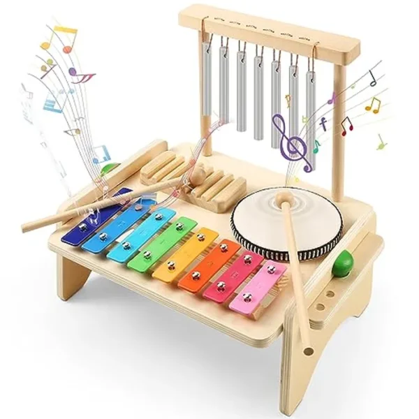 Juego de batería para niños, instrumento musical para bebés, xilófono de madera para niños pequeños con juego de batería para bebé y campanilla de viento, instrumentos musicales Montessori, juguetes