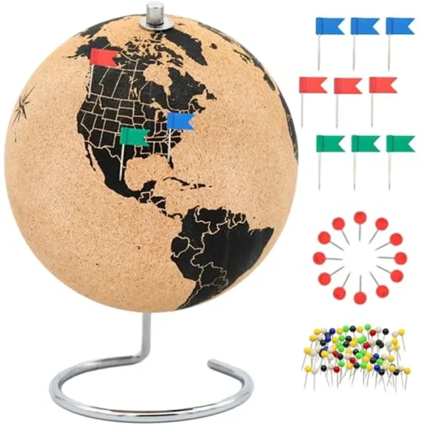 Hermoso globo de corcho con 102 pines de empuje diferentes, globo de viaje giratorio de 10.2 in / 10 pulgadas de alto con pasador de corcho - como mapa de viaje e idea de regalo para