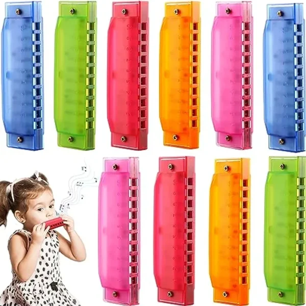 10 piezas de armónica para niños, juguetes de armónica de plástico translúcido de 10 agujeros para niños principiantes, 5 colores