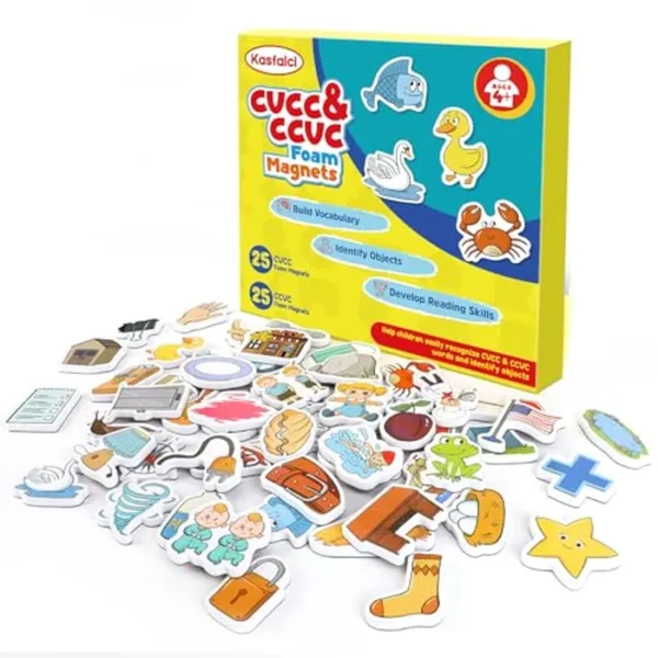 CVCC & CCVC Juegos de palabras, 50 objetos de espuma magnética, imanes de nevera para niños, juguetes de terapia del habla para niños pequeños, aprender a leer ortografía, lectura,