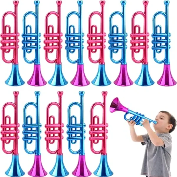 14 piezas de trompeta de 13 pulgadas para niños, trompeta metálica de plástico, instrumento de trompeta, juguetes para niños y niñas, cumpleaños, carnaval, Año Nuevo, fiestas y eventos, 2
