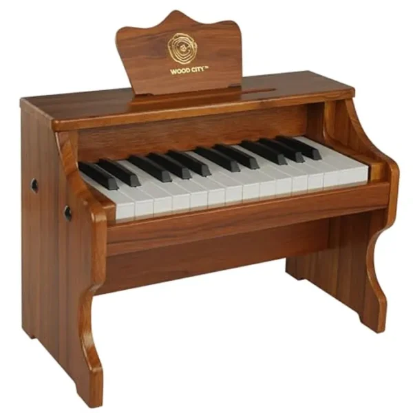 Wood City Piano de madera (25 teclas) Mini instrumento educativo de juguete musical para niños pequeños, teclado de piano con soporte de música y calcomanías de teclado codificadas por colores para