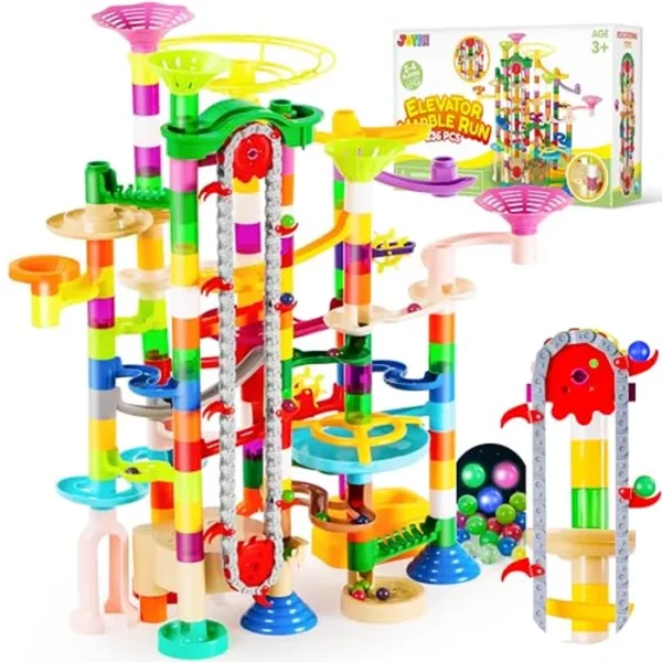 JOYIN 236 piezas de mármol brillante con elevador motorizado, bloques de construcción de juguetes con 30 canicas de plástico que brillan en la oscuridad, regalos STEM de Pascua para niños y niñas