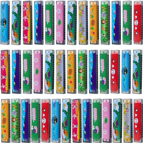 8 armónicas para niños, armónicas de dibujos animados, 16 agujeros, instrumentos de armónica, juguetes para niños y niñas, regalos de cumpleaños, patrón de color aleatorio