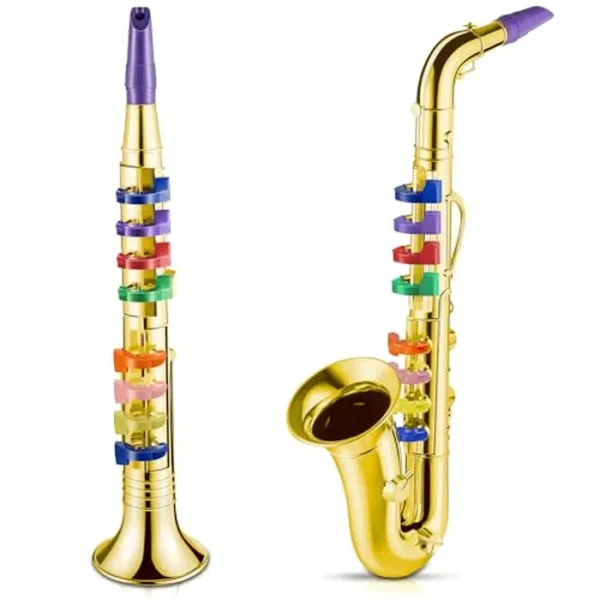 Amylove Juego de 2 instrumentos musicales incluyendo saxofón de saxofón de plástico con acabado de saxofón de juguete, clarinete con 8 teclas de colores para música, pequeño, regalo de música en casa