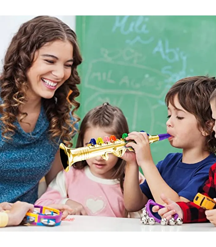 B0CL6PYYLQ03 Amylove Juego de 2 instrumentos musicales incluyendo saxofón de saxofón de plástico con acabado de saxofón de juguete, clarinete con 8 teclas de colores para música, pequeño, regalo de música en casa