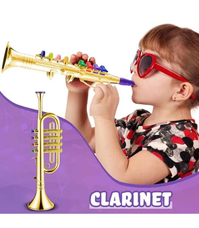 B0CL6PYYLQ04 Amylove Juego de 2 instrumentos musicales incluyendo saxofón de saxofón de plástico con acabado de saxofón de juguete, clarinete con 8 teclas de colores para música, pequeño, regalo de música en casa