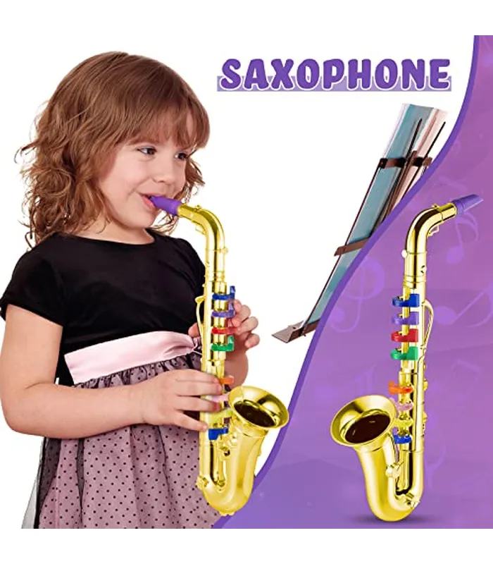 B0CL6PYYLQ05 Amylove Juego de 2 instrumentos musicales incluyendo saxofón de saxofón de plástico con acabado de saxofón de juguete, clarinete con 8 teclas de colores para música, pequeño, regalo de música en casa