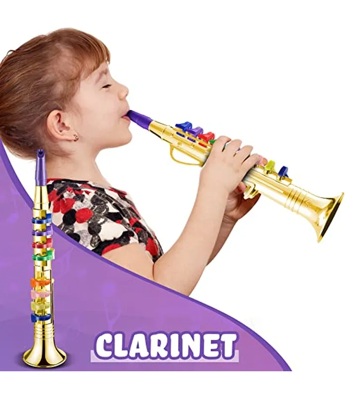 B0CL6PYYLQ06 Amylove Juego de 2 instrumentos musicales incluyendo saxofón de saxofón de plástico con acabado de saxofón de juguete, clarinete con 8 teclas de colores para música, pequeño, regalo de música en casa