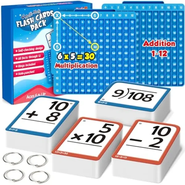 Torlam Tarjetas flash de matemáticas + tablero de matemáticas, tabla de tiempos de multiplicación, división de manipulaciones matemáticas, juegos de suma, resta juguetes para niños, 1, 2, 3, 4, 5, 6º