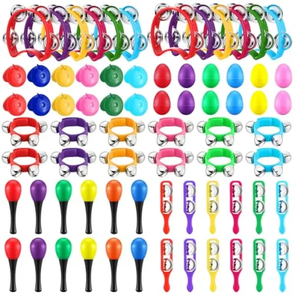 72 piezas de instrumentos musicales para niños, agitador de huevos, muñequera, campanas, maracas, pandereta, platillos de percusión, castañuelas de plástico para preescolar, juguete de aprendizaje de