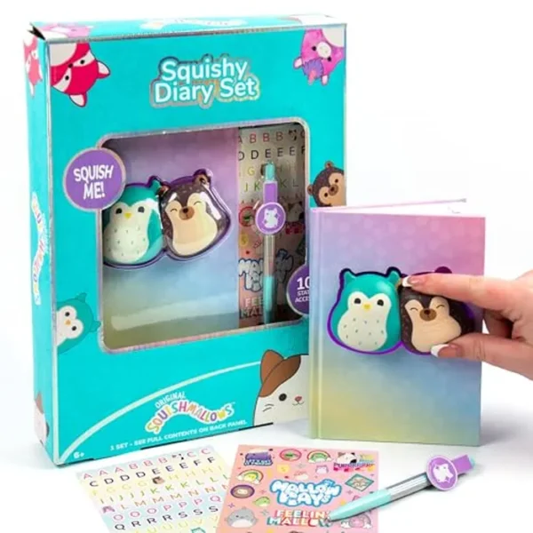 Squishmallows - Juego de diario blando original, incluye diario de 5 x 7 pulgadas, 60 hojas, calcomanías kawaii, bolígrafo, divertido kit de diario y cuaderno de bocetos para niños, suministros