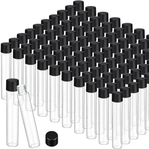 100 tubos de ensayo de vidrio de 1.0 fl oz con tapa de rosca negra de 0.866 x 4.724 in, tapones transparentes, tubos de vidrio de alcohol de fondo plano, frasco para plantas de laboratorio,