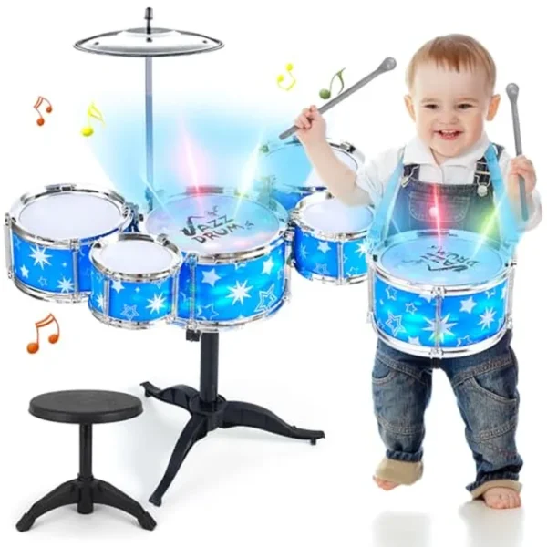 Juego de batería para niños pequeños con luz (todo plástico), regalos musicales juguetes para niños y niñas, kit de batería instrumento musical para principiantes práctica musical, regalo de