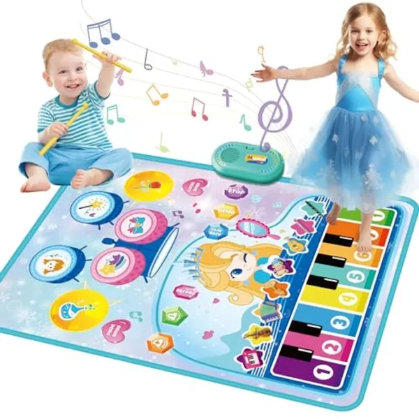 Tapete de juego musical 2 en 1 de 35.43 x 27.56 pulgadas, tapete de piano y batería con 8 sonidos de instrumentos, 5 sonidos de batería y baquetas ligeras para niños y niñas de 1 a 5 años
