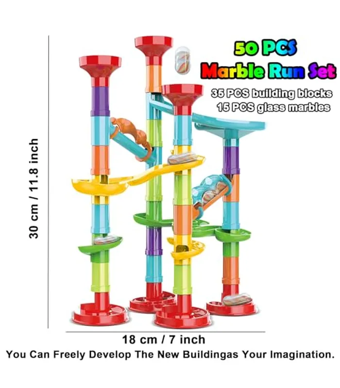 B0CPWNH3W503 Juego de 50 piezas de mármol de alta calidad, juguete educativo de bloques de construcción STEM, juego de carreras de pista de mármol con 15 canicas de vidrio para niños y niñas, juego de