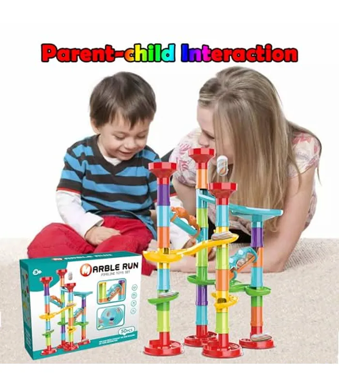 B0CPWNH3W505 Juego de 50 piezas de mármol de alta calidad, juguete educativo de bloques de construcción STEM, juego de carreras de pista de mármol con 15 canicas de vidrio para niños y niñas, juego de
