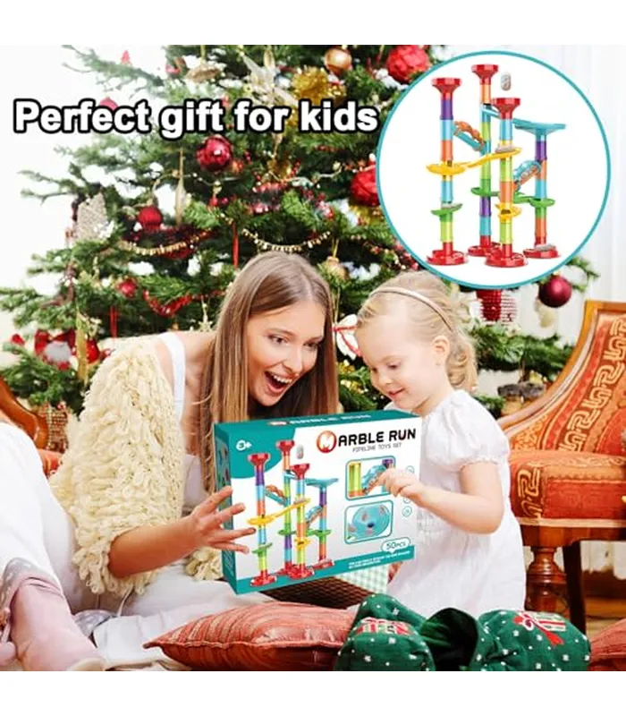 B0CPWNH3W507 Juego de 50 piezas de mármol de alta calidad, juguete educativo de bloques de construcción STEM, juego de carreras de pista de mármol con 15 canicas de vidrio para niños y niñas, juego de