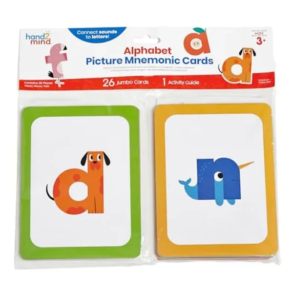 hand2mind Tarjetas mnemotécnicas con imagen del alfabeto, tarjetas de ABC para niños, tarjetas del alfabeto para el aula, tarjetas flash de aprendizaje temprano, reconocimiento de letras, tarjetas del