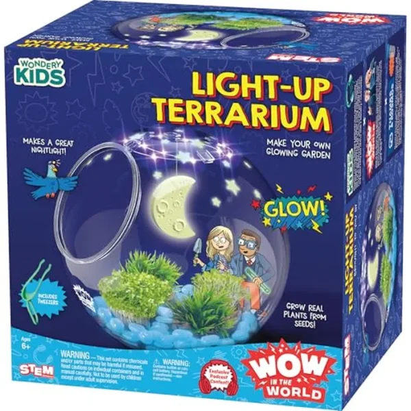 Terrario iluminado Wow in The World | Cultiva plantas, decora tu terrario, brilla en la oscuridad, luces UV, contenido de audio complementario, herramienta científica reutilizable, juguete STEM para