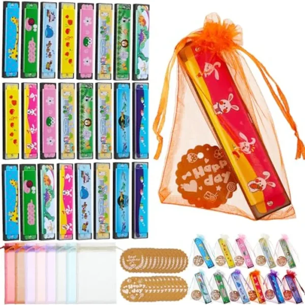 Coume 24 juegos de arpa de boca de dibujos animados de armónica para niños, 16 agujeros, arpa de boca, regalos de cumpleaños con bolsa de organza y etiqueta, regalo de fiesta de graduación para niños,