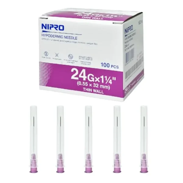 100 agujas desechables para jeringas de inyección, calibre 24, 1 1/4 pulgadas (0.022 x 1.260 in), adecuadas para laboratorios científicos, práctica y experimentación, veterinaria, dibujo industrial y