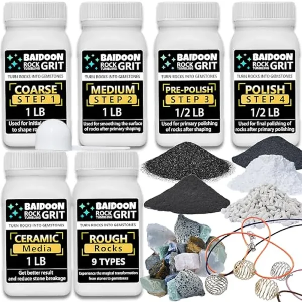 6 en 1 Rock Tumbler Grit Juego de función completa – Grano de tambor de 4 pasos, 1 medio de repuesto de cerámica, 9 variedades de rocas ásperas, repuesto de esmalte de arena para vaso de roca,