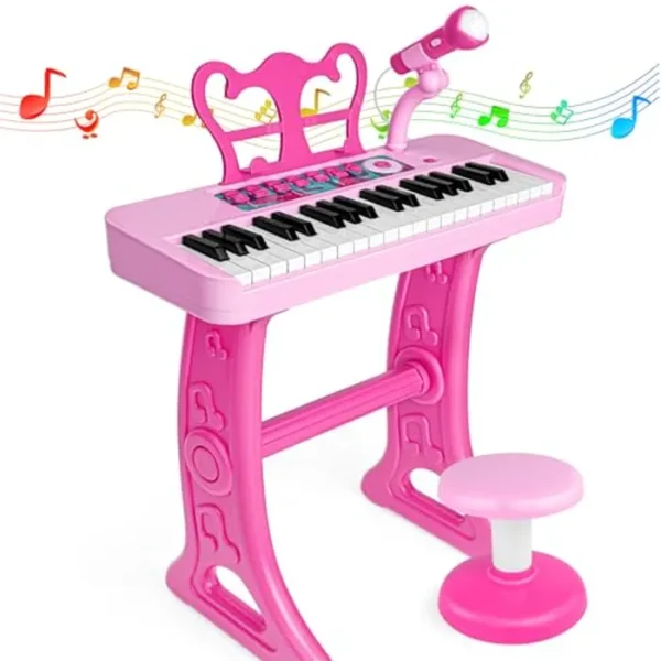 Amy&Benton - Regalo de cumpleaños para niñas de 3, 4, 5, 6, 7 años, piano de juguete con soporte para niñas de 3 a 5 años, juguete de teclado musical rosa, 37 teclas con silla