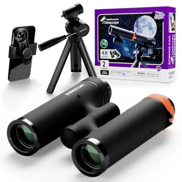 Science Can Binoculares para niños y principiantes - Telescopio portátil 3 en 1 con trípode ajustable y soporte para teléfono, aumento de 16X para exploración al aire libre, kit de ciencia para niños