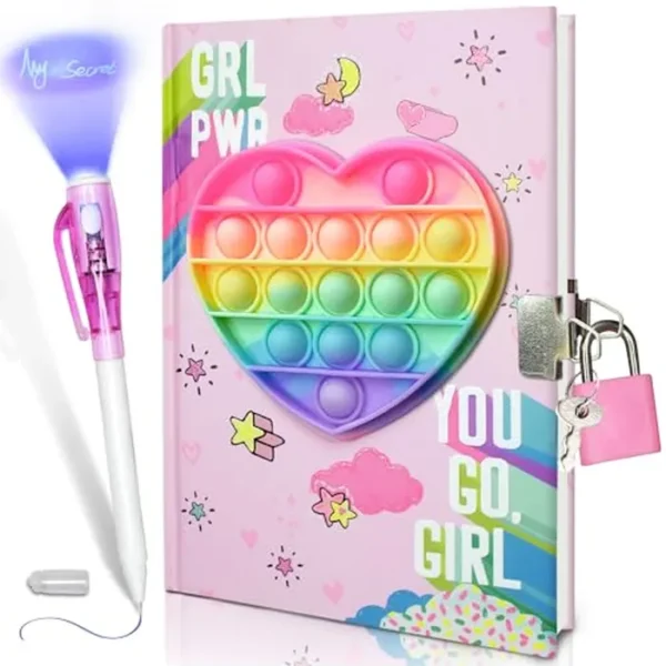 GINMLYDA Diario Pop Girls con candado y bolígrafo de tinta invisible, 7.5 x 5.4 pulgadas, 160 páginas rayadas, corazón colorido, diario para niñas, cuaderno secreto, juego de bolígrafos, regalos para