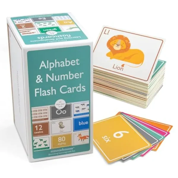 Nimmie & Moose Tarjetas flash del alfabeto para niños pequeños de 1 a 3 años | Tarjetas flash extra gruesas | Aprende números, letras, colores, animales y juegos – Tarjetas de colores para niños