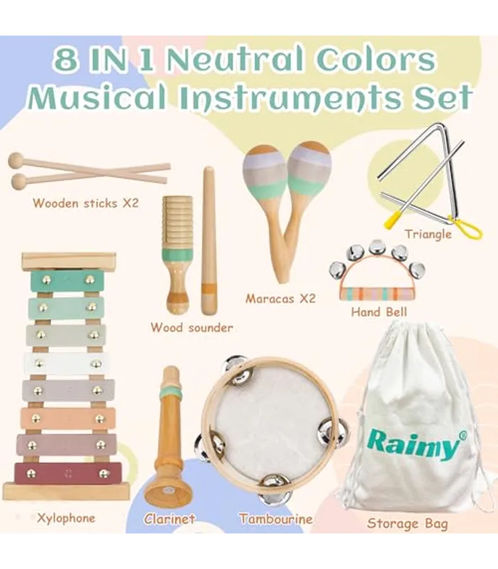 B0CZ3VJJMD03 Raimy Juego de instrumentos musicales – Colores neutros Montessori Juguetes Montessori de Percusión Música Moderno Boho Xilófono Regalos de cumpleaños para niños de 1, 2 y 3 años, niños pequeños y