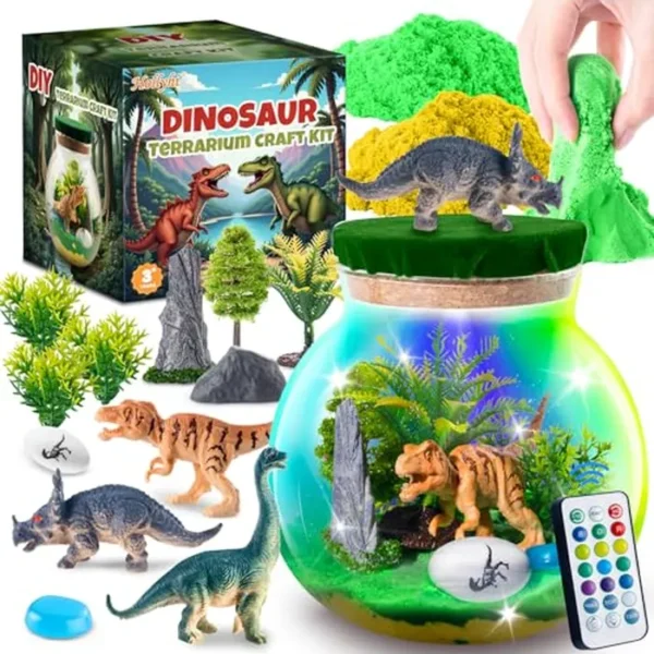 Hollyhi Kit de terrario iluminado para niños, juguetes de dinosaurio de bricolaje para niños de 3, 4, 5, 6, 7, 8, 9, 10, 11, 12 años, kit de terrario de dinosaurio con luz nocturna, artes y