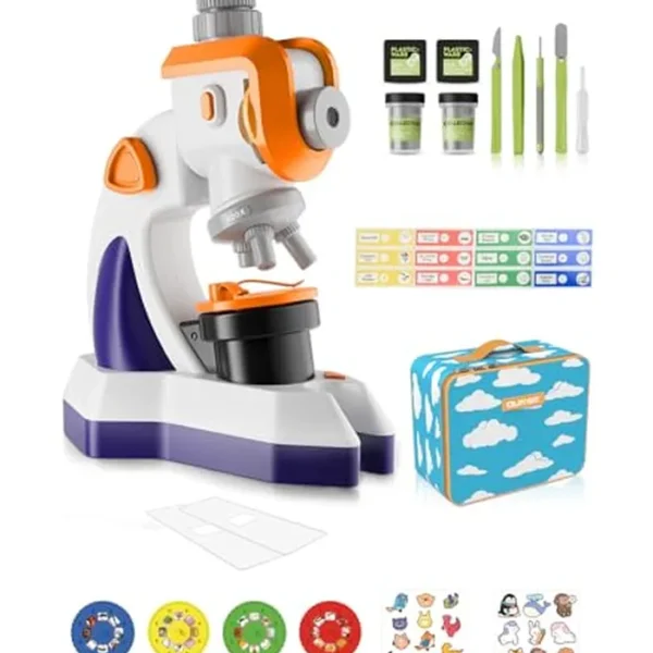 Microscopio para niños 100X-1200X Proyector multifuncional – Kit STEM de microscopio para principiantes, diapositivas en blanco y preparadas, película de proyección, luz LED y caja de transporte
