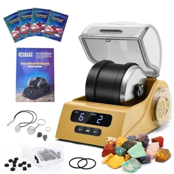 Kit de vaso de roca para adultos, vaso pulidor de rocas con cubierta de reducción de ruido, control de velocidad y temporizador, incluye 4 granos de pulido, piedras preciosas ásperas, guía de