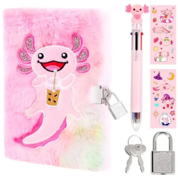 Axolotl - Diario para niñas con cerradura y llaves, juego de regalo de cuaderno mullido para escribir y dibujar