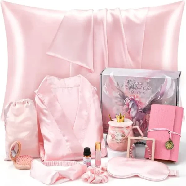 Golray Regalos para adolescentes y niñas, 13 piezas, cesta de regalo para niñas adolescentes con funda de almohada de satén, bata de spa, diario, taza, juego de regalos de cumpleaños de Navidad para
