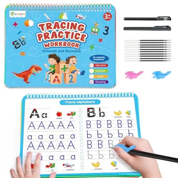 D-FantiX Práctica de escritura ranurada mágica 4 en 1 para niños de 3 a 5 años, práctica de escritura a mano acanalada reutilizable para niños de 5 a 7 años, aprender a escribir libros de seguimiento