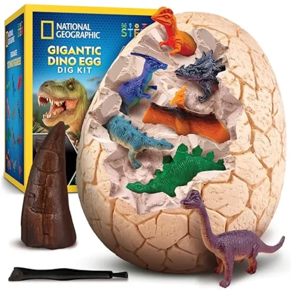 NATIONAL GEOGRAPHIC - Kit de excavación de huevos de dinosaurio jumbo – Excava 12 figuras de dinosaurio y réplica de diente de T. Rex de huevo gigante de 6 pulgadas, huevo de dinosaurio, huevo gigante