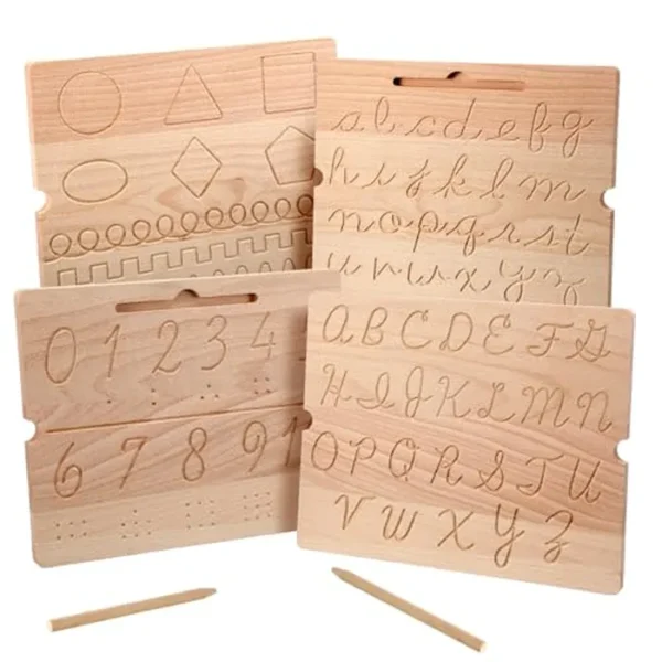 Tabla de trazado de números del alfabeto cursivo de madera, herramientas de escritura Montessori de doble cara con bolígrafo de madera, para aprender a escribir para niños y niñas, aula