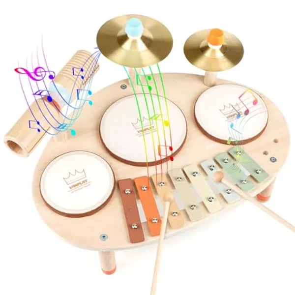 Juego de batería - Instrumentos musicales 9 en 1 para niños pequeños de 3 años, juguetes Montessori de madera para niños y niñas, regalos de cumpleaños de Pascua, juego de batería musical con xilófono