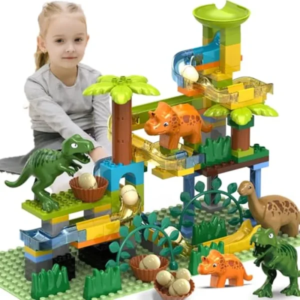 Carreras de mármol de dinosaurio para niños de 4 a 8 años, 125 bloques grandes clásicos compatibles con LEGO DUPLOS para edades de 2 a 5 años, juguetes STEM de aprendizaje Montessori/Juguete de regalo